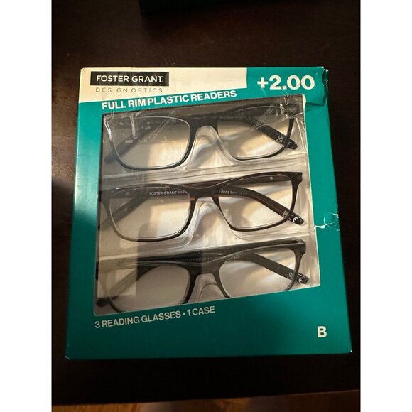 Foster Grant Full Rim Plastic Readers 3 pack - 2.00 strength -  (Turquoise B) - Picture 1 of 2